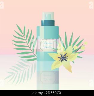 Nette zarte realistische kosmetische Flasche mit Palmblättern eine Orchideenblume. Vektordesign Stock Vektor