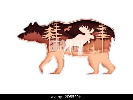 Bär Silhouette mit Wald, fliegenden Vogel, Elch, Vektor-Illustration in Papierkunst-Stil. Rette Tiere. Mehrfachbelichtung. Stock Vektor