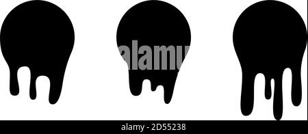 Aufklebern zum Schmelzen von Tropf oder Kreisetiketten. Vektor flüssige Tropfen Symbole für Graffiti Blob Aufkleber. Schwarze Flüssigkeit oder geschmolzene Schokolade tropft, aktuelle Farbe Stock Vektor