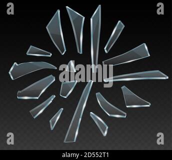 Zerbrochene Glasscherben, Glassplitter, Vektor-realistische Clip Art auf transparentem Hintergrund. Stücke in verschiedenen Formen und Splittern Stock Vektor