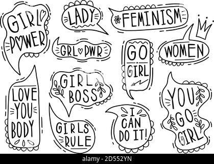 Sammlung Hand gezeichnet kommunizieren Feminismus Rede. Design Element Slogan Doodle Business Message. Stock Vektor