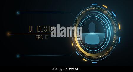 Futuristisches UI-Design. Benutzerdaten werden gescannt. Leuchtend gelbe und blaue HUD-Anzeige. Digitales Konzept. Hightech-Panel mit Indexlinien für Ihren modernen Stil Stock Vektor