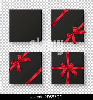 Schwarze Geschenkboxen mit roten Bändern Set. Elegante Geschenke mit Schleifen isoliert auf transparentem Hintergrund. Vektorgrafik für Sonderangebote. Modern Stock Vektor