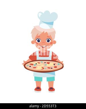 Ein Kind in einer Schürze und ein Kochhut hält eine Platte Pizza oder Paella. Kochunterricht, Beruf des Kochs, Hobbys, Rezepte. Cartoon Vektor-Illustration isoliert auf weißem Hintergrund Stock Vektor