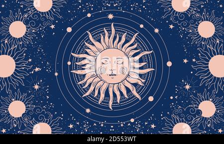 Vektor-Illustration im mystischen Vintage-Stil, Boho-Design, Tattoo, Tarot. Das Gerät des Universums mit einer goldenen Sonne, Mond, Planeten und Umlaufbahnen vor dem Hintergrund des schwarzen Raumes. Stock Vektor