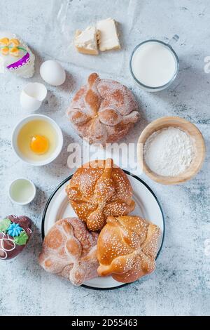 Pan de Muerto, Zutaten für mexikanische Brot Rezept traditionell für Tag der Toten in Mexiko Stockfoto