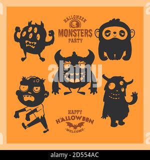 Set von Cartoon mystischen Kreaturen für Halloween. Eine Kollektion von schwarzen Silhouetten auf orangefarbenem Hintergrund. Vektor-Illustration von Monstern. Stock Vektor