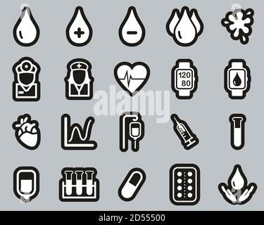 Blood Preensure Oder Blood Icons White On Black Sticker Set Groß Stock Vektor