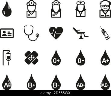 Blutgruppen oder Blut spende Symbole Black & White Set groß Stock Vektor