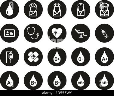 Blutgruppen Oder Blutspende Symbole Weiß Auf Schwarz Flach Design Kreis Set Groß Stock Vektor