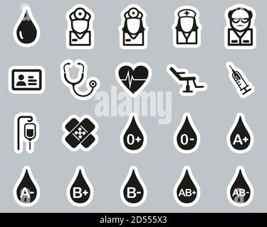 Blutgruppen Oder Blutspende Symbole Schwarz & Weiß Sticker Groß Einstellen Stock Vektor