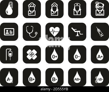 Blutgruppen Oder Blutspende Symbole Weiß Auf Schwarz Flach Design Set Groß Stock Vektor