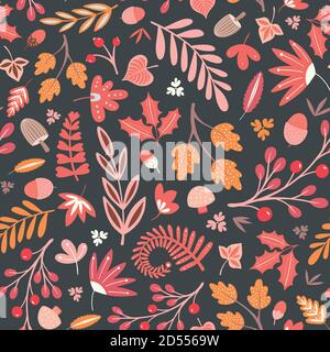 Herbst und Herbst Waldmuster in warmen Farben. Gewirbelt Vektor nahtlose Wiederholungsdarstellung. Stock Vektor