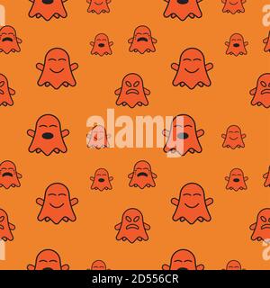 Niedliche Geist nahtlose Muster Design Vorlage. Flache Zeichen Vektor-Illustration. Umriss Design-Stil mit orangen Farbthema. Stock Vektor