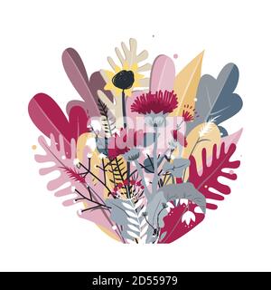 Gemütliche Herbstkomposition mit wilden Wiesenblättern, Blumen und Gras. Doodle Kräuter Bündel, Vektor-Illustration isoliert auf weiß. Blumenhintergrund Stock Vektor