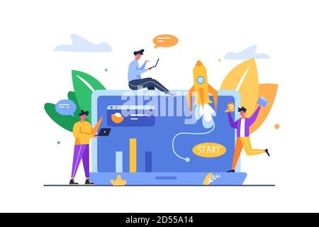 Ein Team von Leuten, die ein Projekt auf einem Laptop ausführen Stock Vektor