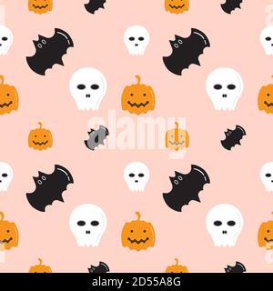 Struktur in Form von Totenkopf, Fledermaus und Kürbis auf pastellfarbenem Hintergrund. Nahtlose Muster Design Vorlage. Weiß, Schwarz und Orang-Farbthema. Vektor Stock Vektor