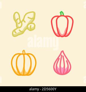 Gemüse Symbol Set Sammlung Ingwer Paprika Kürbis Zwiebel weiß isoliert Hintergrund mit Kontur Farbe Umriss Stil Vektor-Design Illustration Stock Vektor