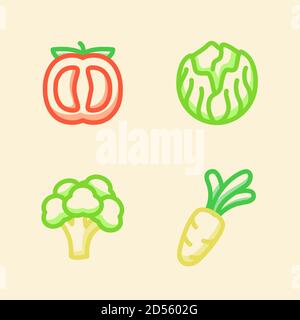 Gemüse Icon set Sammlung Tomate Kohl Brocolli Rettich weiß isoliert Hintergrund mit Kontur Farbe Kontur Stil Stock Vektor