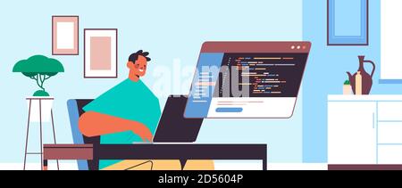 Männliche Web-Entwickler mit Laptop erstellen Programm-Code-Entwicklung von Software und Programmierkonzept Programmierer sitzen am Arbeitsplatz Porträt horizontal vektorgrafik Stock Vektor