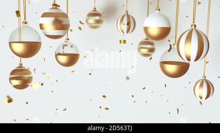 3d Rendering Glas Weihnachtskugeln, Gold Serpentin und Lametta, Grußkarte Weihnachten und Neujahr. Stockfoto