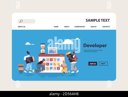 Mix Rennen Web-Entwickler testen neue App-Features Codierung zusammen Anwendungsentwicklung Software Programmierung Konzept volle Länge horizontalen Kopierraum vektorgrafik Stock Vektor