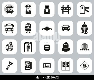 Border Crossing Icons Schwarz & Weiß Flat Design Set Groß Stock Vektor