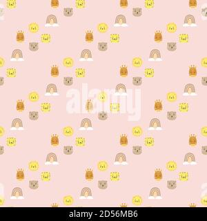 Nahtlose Muster. Kinderkollektion im skandinavischen Stil. Niedliche Tieraufkleber - Giraffe und Bär, Löwe und Tiger und Regenbogen mit Wolken auf einem rosa Stock Vektor