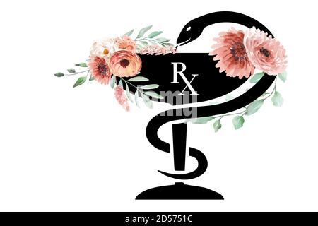 Floral Medical Kelch Schlange mit Schale von hygiena Dekor-Design. Schwarze Medizin Schüssel bedruckbare Kunst. Med bedruckbare Geschenk Grafik. Stockfoto