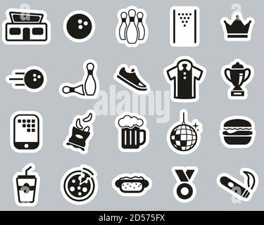 Bowling Oder Bowling Alley Icons Schwarz & Weiß Sticker Set Groß Stock Vektor