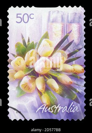 AUSTRALIEN - UM 2005: Die in Australien gedruckte Briefmarke zeigt weiße Rosen, um 2005. Stockfoto