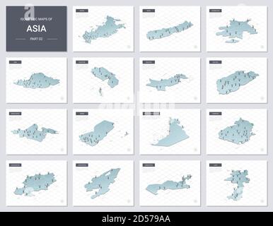 Vektor isometrische Karten Set - Asien Kontinent. Karten von asiatischen Ländern mit Verwaltungsgliederung und Städten. Teil 2. Stock Vektor