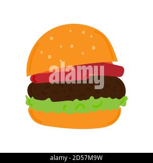 hamburger oder Burger mit Tomaten und grünem Salat. Handgezeichnete Vektorgrafik isoliert auf weißem Hintergrund. Stock Vektor