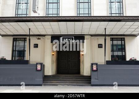 London, Großbritannien. - 11. Oktober 2020: Sway Bar und Club in Holborn. Der Veranstaltungsort musste im März wegen des Coronavirus geschlossen werden und bleibt geschlossen. Stockfoto