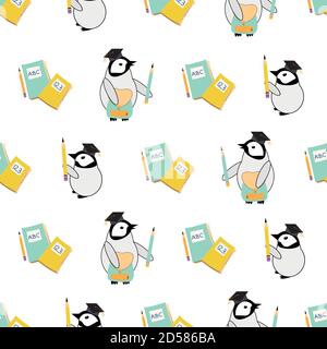 Niedliche Vektor Kawaii Pinguin Küken mit Gelehrter Hüte, Bleistifte, Notizbücher auf weißem Hintergrund. Skurrile Cartoon Kaiser Baby nahtlose Muster Hintergrund Stock Vektor