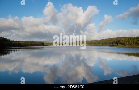 Cumulus-Wolken spiegeln sich in den stillen Gewässern des Fewston-Stausees im Washburn Valley, North Yorkshire Stockfoto