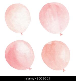 Rosa Luftballons Aquarell Cliparts Set. Handgezeichnete Abbildung. Design für Party-Dekorationen, Baby-Dusche-Einladung, Kinderzimmer Tapete. Stockfoto