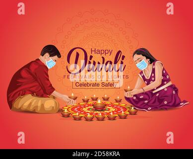 Glücklich Diwali Grüße Vektor Illustration. Illustration der Kinder machen Rangoli und Diya Dekoration. Covid Corona Virus Konzept. Stock Vektor