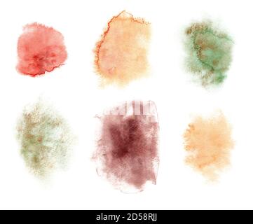 Bunte abstrakte Aquarellfarbe Fleck auf weiß isoliert. Moderner kreativer Hintergrund für trendiges Design. Handbemalte Cliparts. Stockfoto
