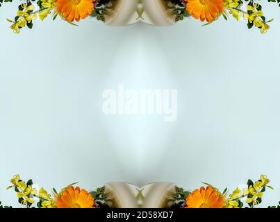 Blumen, visuelle Wirkung eines Spiegels, Raum für Texteingabe, abstrakte Tapete, voller Farben, seltsame Ornamente und Formen, Hintergrund mit schönen Geo Stockfoto