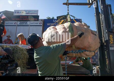 San Francisco, USA. Oktober 2020. Die Menschen nehmen am jährlichen Kürbis-Wiegewettbewerb in San Mateo, Kalifornien, USA, am 12. Oktober 2020 Teil. Quelle: Li Jianguo/Xinhua/Alamy Live News Stockfoto