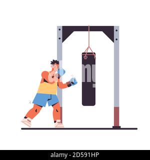 Sportler tun körperliche Übungen männlichen Boxer schlagen Boxsack arbeiten Out in der Turnhalle Boxen Studio Fitness-Training gesunde Lifestyle-Konzept Vektordarstellung in voller Länge Stock Vektor
