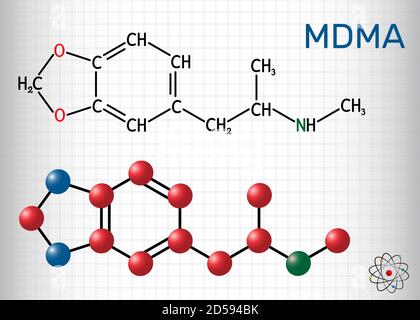 3,4-Methylendioxymethamphetamin, MDMA, XTC, Ecstasy-Molekül. Es ist psychoaktive, halluzinogene Droge. Strukturelle chemische Formel und Molekülmodell. Stock Vektor