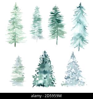 Aquarell Wald Pinien für Weihnachten und Frohes neues Jahr. Handbemaltes Clipart auf weißem Hintergrund isoliert. Stockfoto