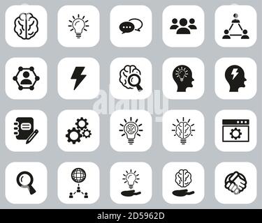 Brainstorming Oder Idea Icons Black & White Flat Design Set Groß Stock Vektor