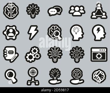 Brainstorming Oder Idea Icons Weiß Auf Schwarz Sticker Set Groß Stock Vektor