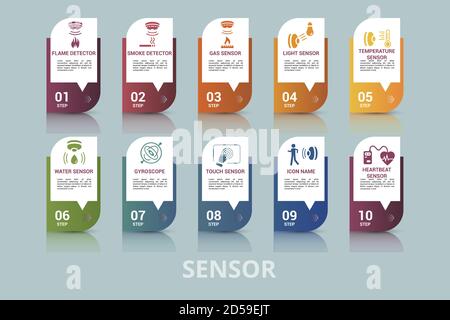 Infografik Sensorvorlage. Symbole in verschiedenen Farben. Einschließlich Wasserqualitätssensor, Flammenmelder, Rauchmelder, Alkoholsensor und andere. Stock Vektor
