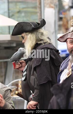 Bärtiger Mann, gekleidet als Pirat mit Tricorne-Hut, lebendem Papagei, Schwert und Pistole Stockfoto