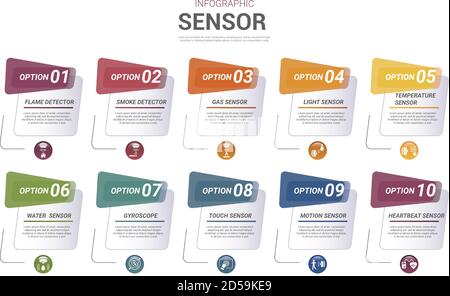 Infografik Sensorvorlage. Symbole in verschiedenen Farben. Einschließlich Wasserqualitätssensor, Flammenmelder, Rauchmelder, Alkoholsensor und andere. Stock Vektor