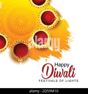 Happy Diwali Feier Hintergrund. Draufsicht auf Banner-Design mit beleuchteten Öllampen auf weißen und gelben Hintergründen dekoriert. vector illustrati Stock Vektor